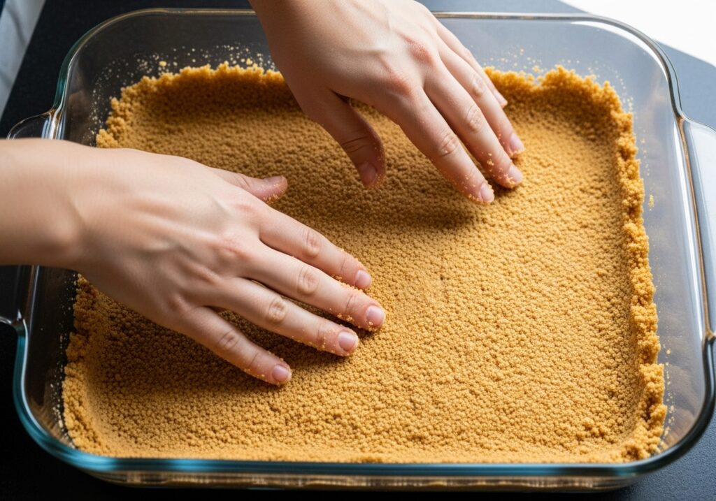 Two hands firmly pressing a buttery, golden graham cracker crumb mixture into the bottom of a clear glass baking dish to form the base for a no-bake summer dessert.