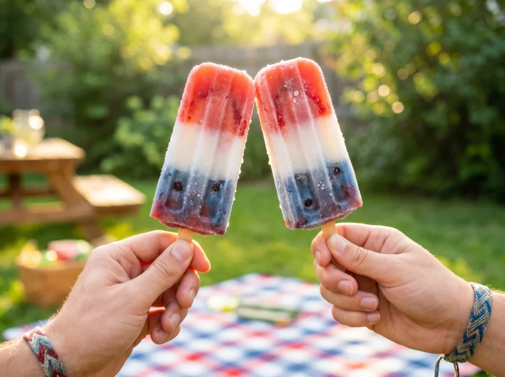 Two hands holding up homemade Firecracker Popsicles in a cheering motion, with the bright summer sun shining through the icy layers over a backyard picnic blanket.