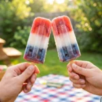 Two hands holding up homemade Firecracker Popsicles in a cheering motion, with the bright summer sun shining through the icy layers over a backyard picnic blanket.