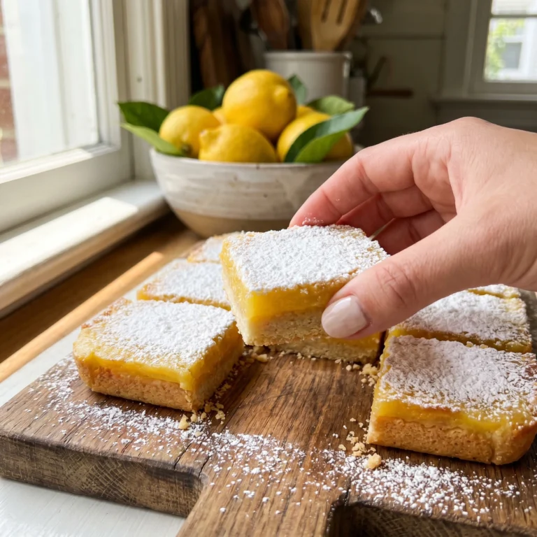 A casual, close-up shot of a hand picking up a square from a batch of homemade lemon bars resting on a rustic wooden board by a sunlit kitchen window.
