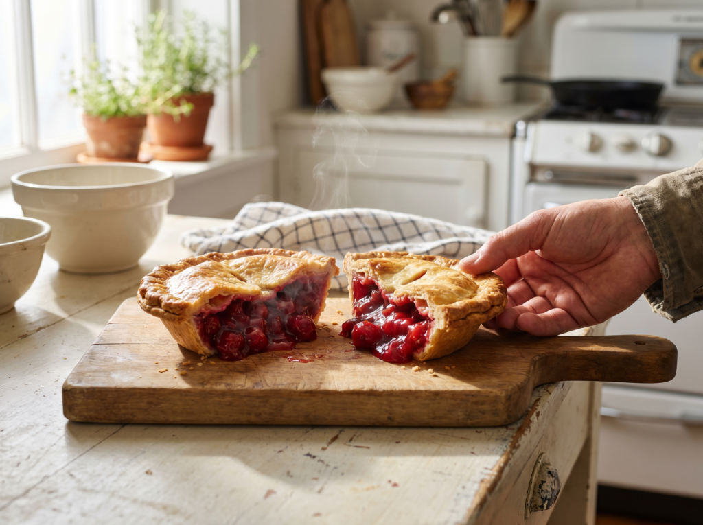 A candid, sunlit kitchen shot of a hand reaching for a steaming half of a golden-brown, crispy cherry pie resting on a rustic, scratched wooden cutting board.