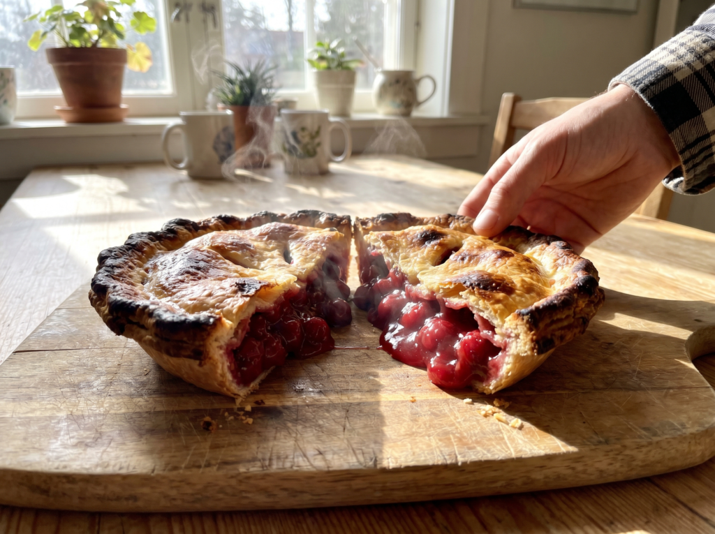 A hand lifting a half of a freshly cooked cherry pie, revealing a thick, piping hot, and gooey red cherry filling oozing onto a wooden kitchen table bathed in morning sunlight.