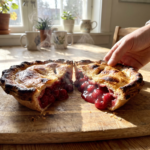 A hand lifting a half of a freshly cooked cherry pie, revealing a thick, piping hot, and gooey red cherry filling oozing onto a wooden kitchen table bathed in morning sunlight.