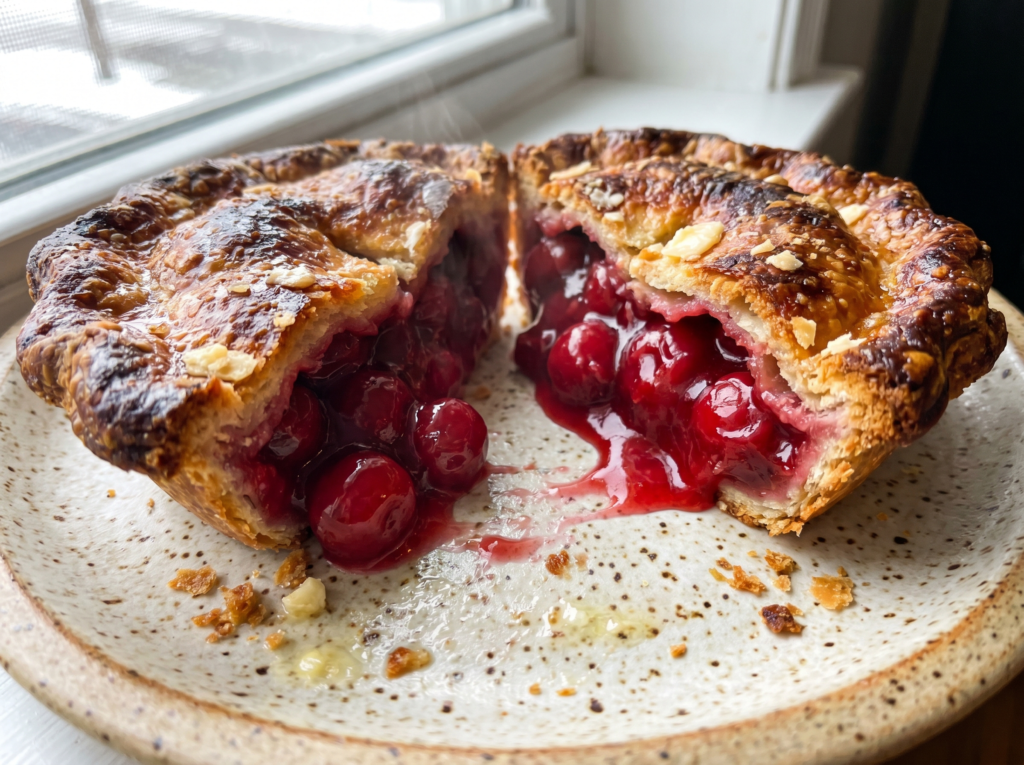A close-up of a split cherry mountain pie resting on a speckled ceramic plate next to a sunny window, with vibrant red, steaming cherry filling spilling out from a flaky, toasted crust.