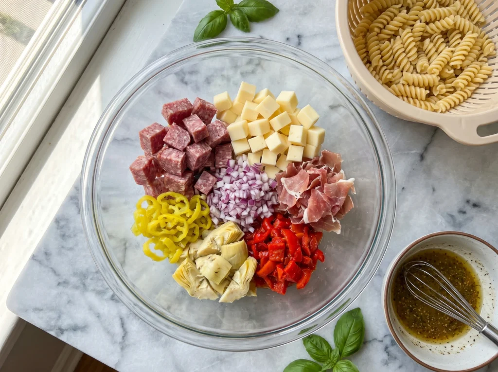 An overhead view of a clear glass bowl filled with neat piles of chopped salami, provolone cheese, prosciutto, red onions, banana peppers, artichokes, and roasted red peppers. A colander of cooked rotini pasta and a small bowl of Italian vinaigrette rest nearby on a white marble counter.