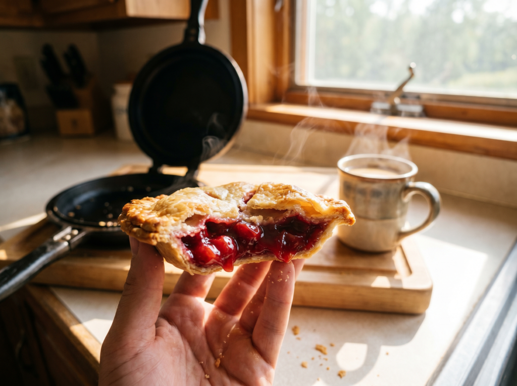 A hand holding up a hot, freshly made cherry mountain pie in a bright kitchen, with an open black cast-iron pie maker and a steaming mug of coffee softly blurred in the background.
