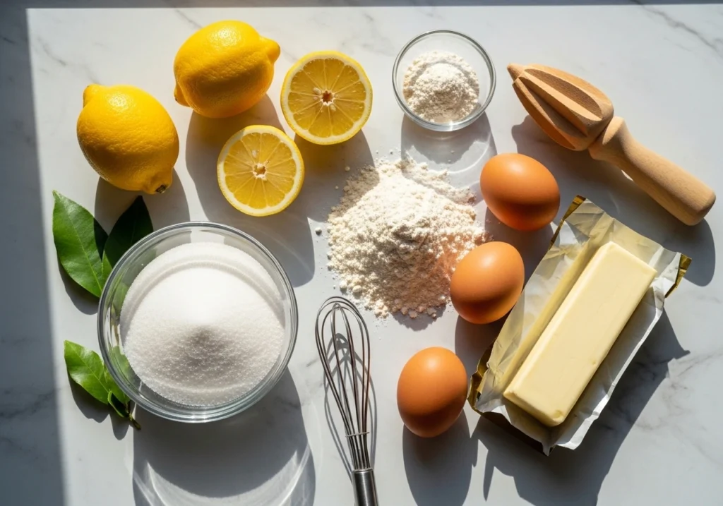 An overhead flat lay of fresh ingredients for a Lemon Bars Recipe on a white marble counter, including whole lemons, sugar, flour, eggs, butter, and a wooden citrus reamer.