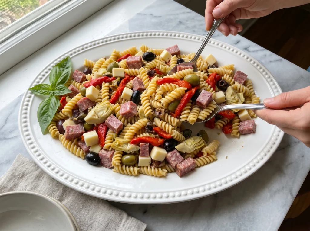 A candid shot of two hands using metal serving spoons to gently toss a hearty antipasto pasta salad on a large white oval platter. The vibrant dish is loaded with rotini, salami cubes, olives, cheese, and roasted red peppers, sitting next to a bright kitchen window.