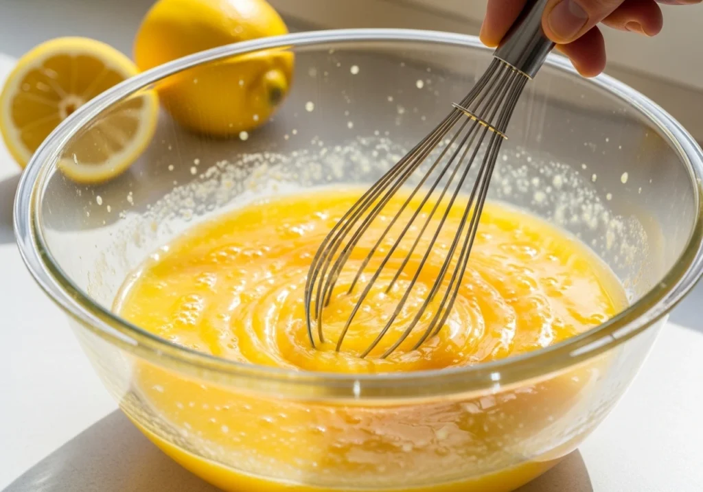 A silky stream of vibrant yellow lemon curd being poured over a pre-baked, crumbly shortbread crust in a pan lined with white parchment paper.