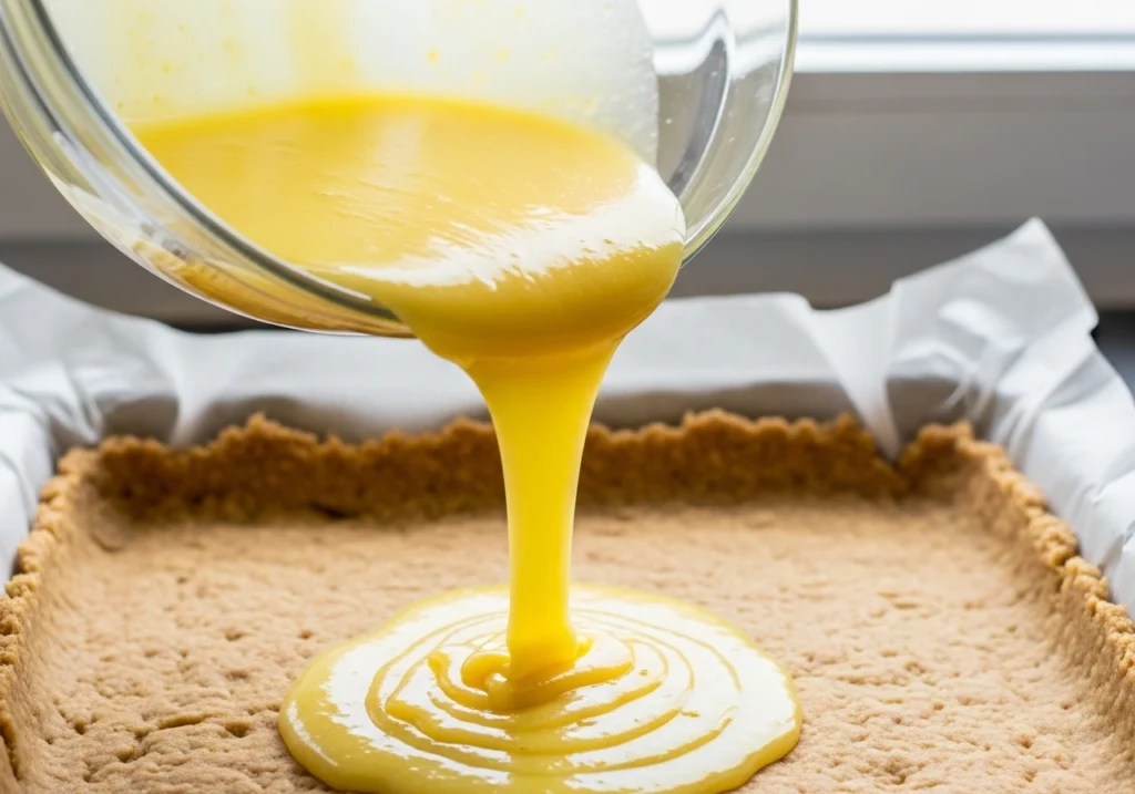 A metal sieve sifting white powdered sugar like falling snow over a batch of baked lemon squares, highlighting the bright yellow centers and golden-brown edges.