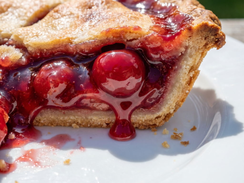 An appetizing macro close-up of a thick, glossy red cherry and sweet syrup dripping slowly down the crispy, toasted edge of a pie crust onto a clean white plate.