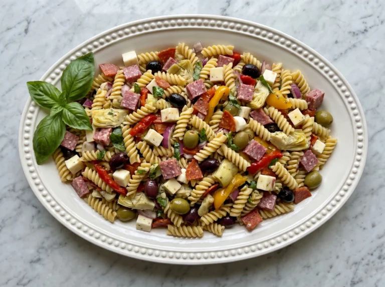 A direct overhead shot of a colorful, fully assembled antipasto pasta salad served on a decorative white oval platter. The salad is packed with rotini pasta, thick-cut salami, pepperoni, provolone cheese, artichoke hearts, roasted red peppers, and olives, garnished with a sprig of fresh basil.