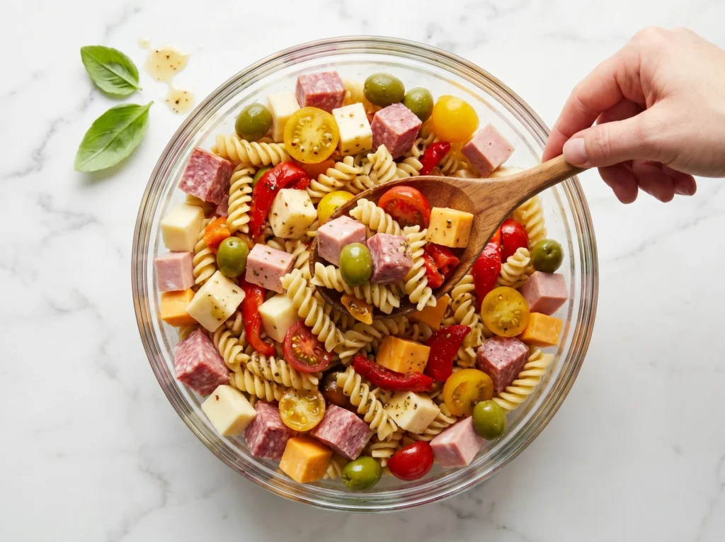 A hand holding a wooden spoon scoops a generous, mouth-watering portion of zesty antipasto pasta salad from a large glass bowl. The salad features bright cherry tomatoes, thick cubes of savory salami and cheese, olives, and roasted red peppers, all glistening with an Italian vinaigrette.