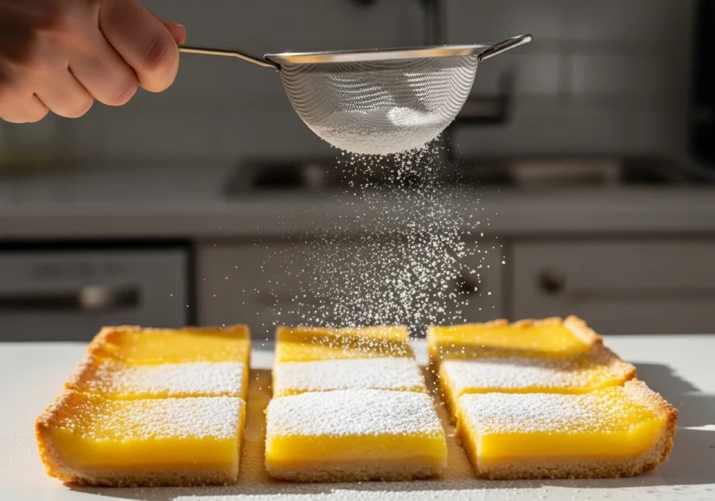 Two hands firmly pressing a crumbly, buttery shortbread dough into a rectangular baking pan to form the base for an easy Lemon Bars Recipe.