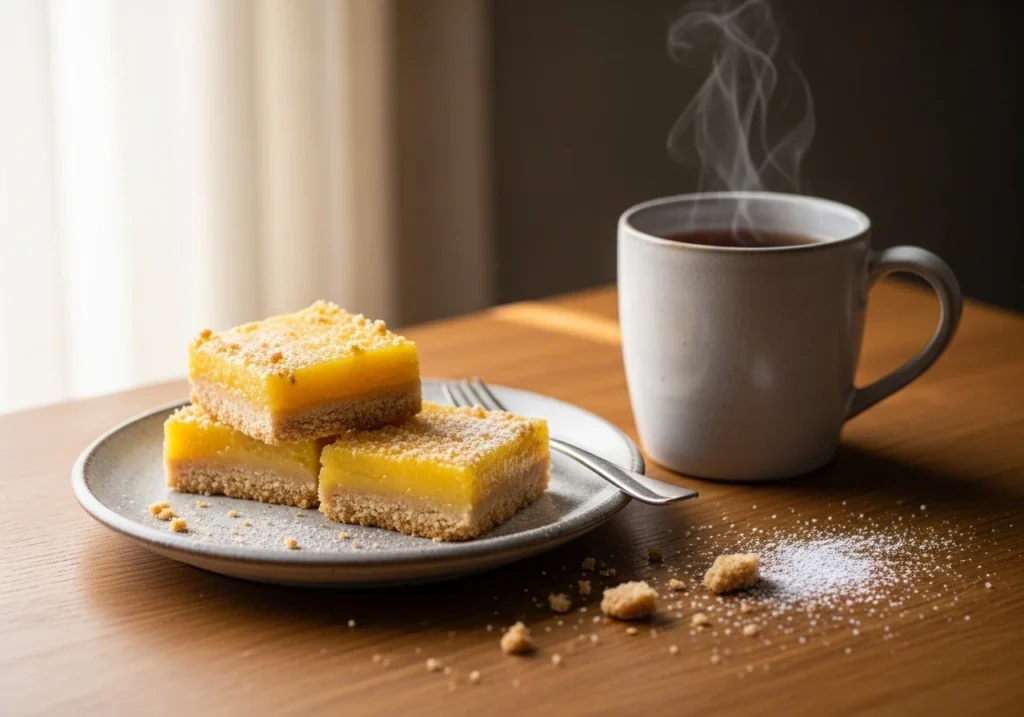 A direct overhead shot of a full pan of lemon bars sliced into a perfect grid of squares and dusted with powdered sugar, with one square missing from the corner.