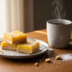 A direct overhead shot of a full pan of lemon bars sliced into a perfect grid of squares and dusted with powdered sugar, with one square missing from the corner.