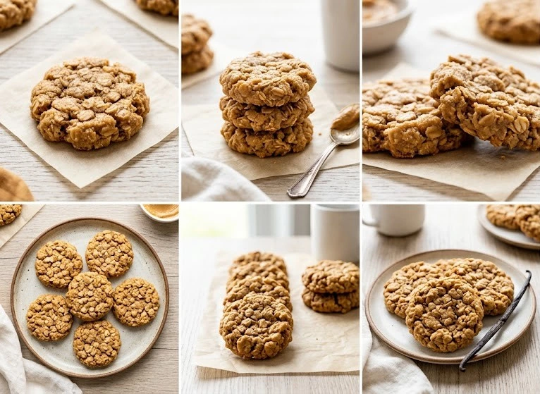 A collage of six photos showing the step-by-step process of making, scooping, and serving chewy no-bake peanut butter oatmeal cookies.