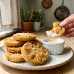 A bright, appetizing stack of crispy fried green tomatoes on a speckled plate, with a hand dipping a bite-sized piece into a small bowl of creamy remoulade sauce.