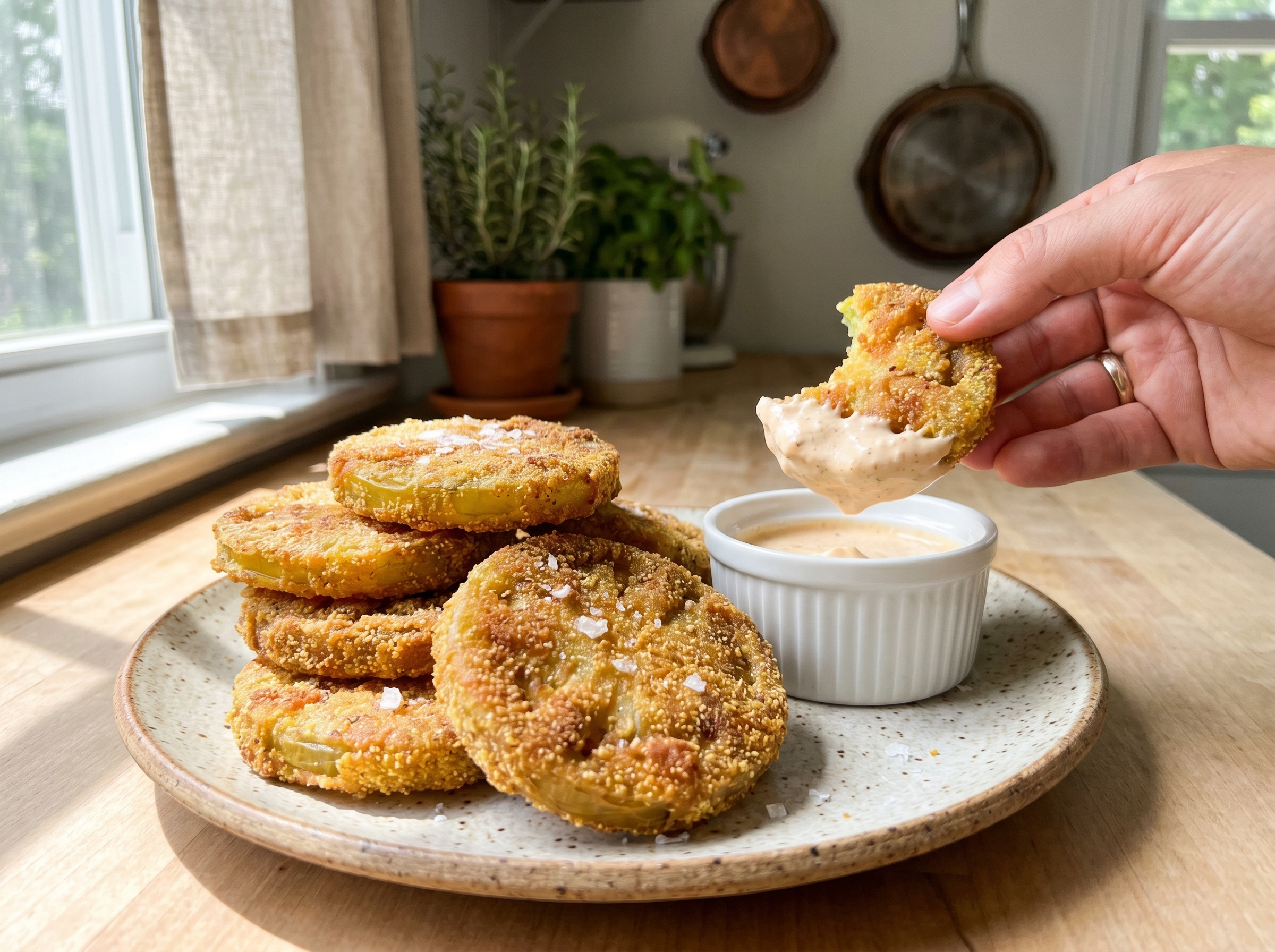 A bright, appetizing stack of crispy fried green tomatoes on a speckled plate, with a hand dipping a bite-sized piece into a small bowl of creamy remoulade sauce.