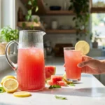A bright, inviting kitchen scene showing a hand holding a condensation-covered glass of freshly made watermelon lemonade next to a ribbed glass pitcher, with scattered fresh fruit garnishes resting on a white counter.