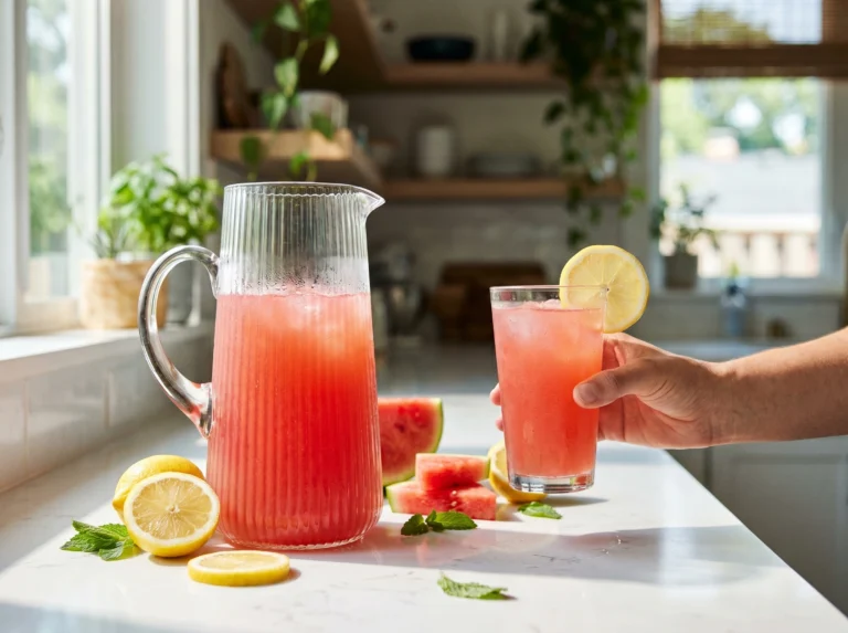 A bright, inviting kitchen scene showing a hand holding a condensation-covered glass of freshly made watermelon lemonade next to a ribbed glass pitcher, with scattered fresh fruit garnishes resting on a white counter.