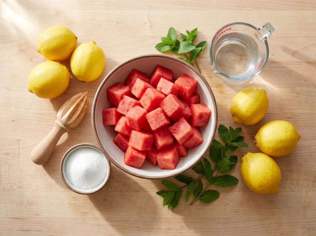 A bright overhead flat lay photograph on a wooden counter showing the raw ingredients for fresh watermelon lemonade, including a rustic bowl of cubed watermelon, whole lemons, granulated sugar, fresh mint, and a wooden citrus reamer.