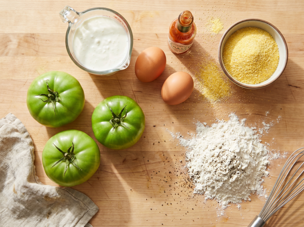 A top-down flat lay of ingredients on a wooden counter, including three whole green tomatoes, eggs, buttermilk, hot sauce, flour, and a bowl of yellow cornmeal.