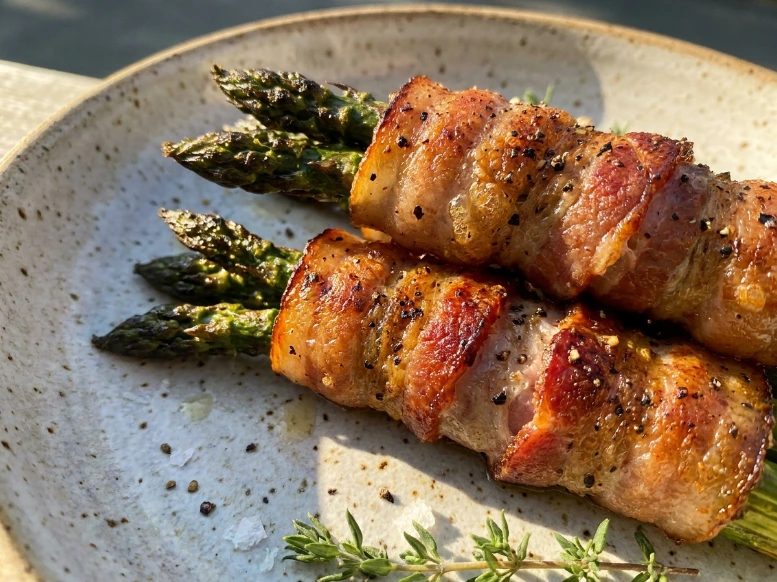 A close-up shot of two perfectly crispy bacon wrapped asparagus bundles resting on a speckled ceramic plate, garnished with fresh thyme and coarse salt in bright morning sunlight.