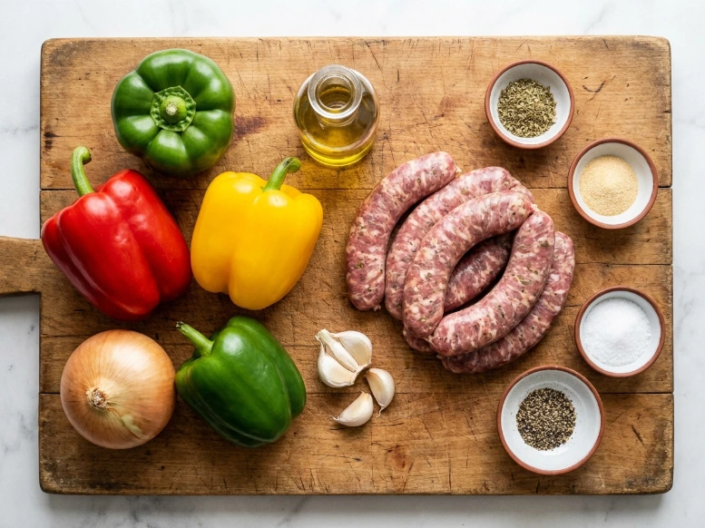 A bright overhead flat lay on a rustic wooden cutting board showing raw Italian sausage links, colorful bell peppers, a whole onion, garlic, olive oil, and small bowls of Italian seasonings.