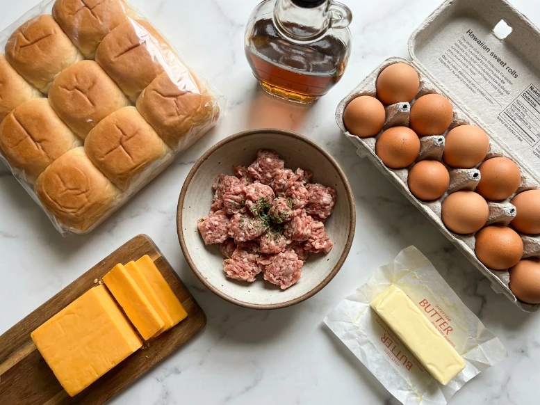 A bright overhead flat lay photograph on a white marble counter showing the raw ingredients for breakfast sliders, including a package of Hawaiian sweet rolls, raw ground sausage, fresh eggs, a block of sharp cheddar cheese, butter, and maple syrup.