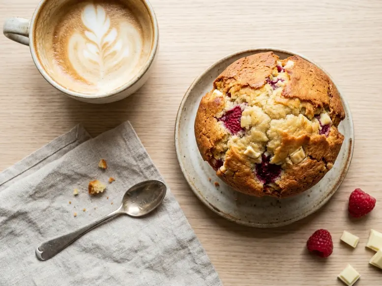 A wire cooling rack filled with a dozen steaming, freshly baked bakery-style muffins bursting with red raspberries and white chocolate chips in a cozy, bright home kitchen.