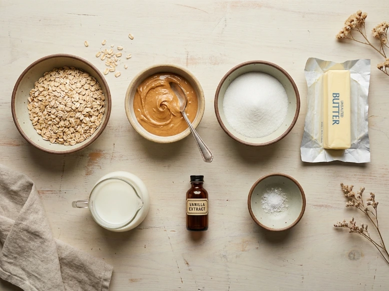 A top-down photograph of the seven simple ingredients needed for no-bake peanut butter oatmeal cookies, including rolled oats, peanut butter, sugar, butter, milk, vanilla extract, and salt.