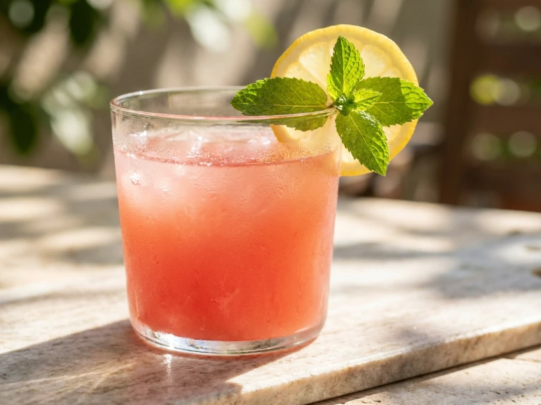 A close-up shot of an ice-cold, condensation-covered glass filled with bright pink watermelon lemonade, garnished with a lemon wheel and fresh mint on a sun-drenched stone table.