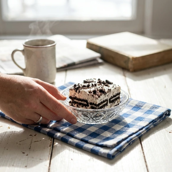 A hand reaching for a piece of Oreo icebox cake plated in a small glass dish on a blue gingham napkin, set on a bright, sunlit rustic white table next to a coffee mug and a vintage book.