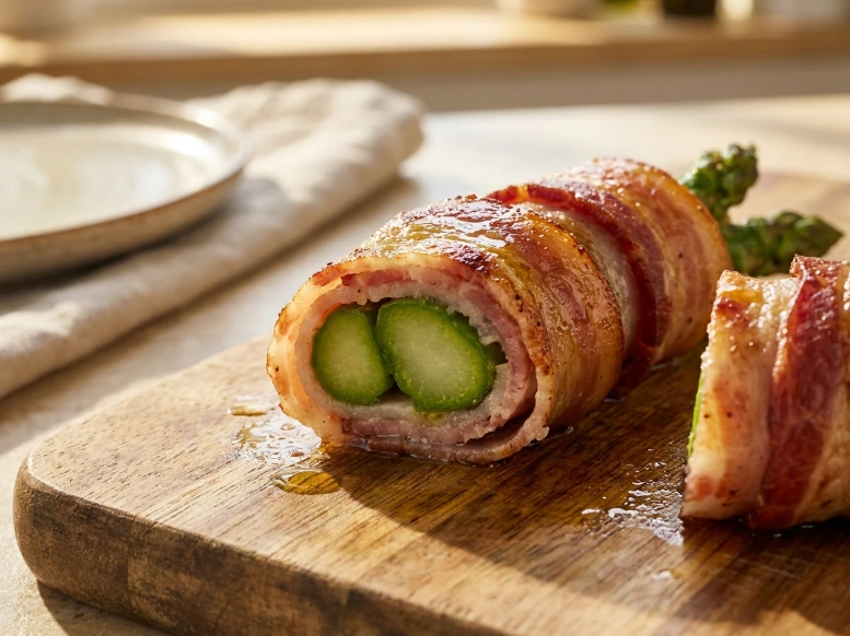 A close-up cross-section of a perfectly cooked bacon wrapped asparagus bundle resting on a wooden board, showing the tender, bright green asparagus spears tucked inside the crispy bacon ring.