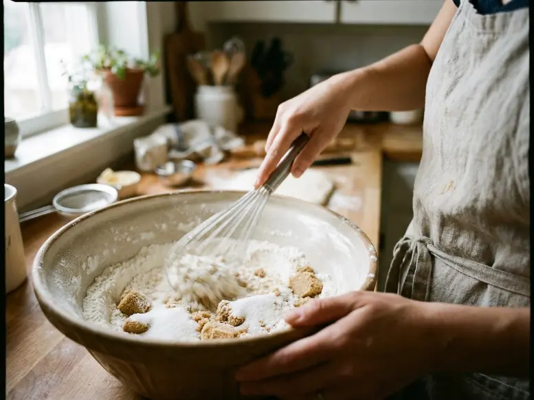 A rubber spatula gently folding fresh red raspberries and white chocolate chips into a thick, lumpy muffin batter inside a large mixing bowl.