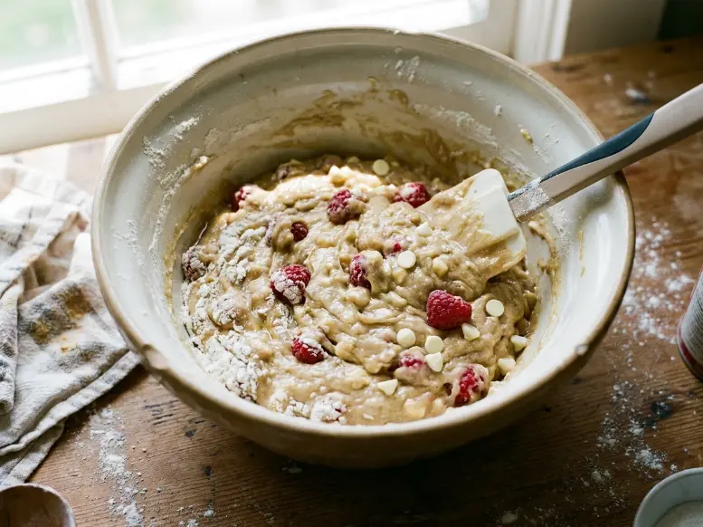 A metal ice cream scoop portioning thick raspberry white chocolate muffin batter into a paper-lined muffin tin to ensure tall, bakery-style tops.