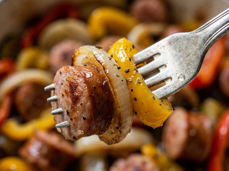 A breathtaking macro close-up of a silver fork holding a juicy slice of roasted Italian sausage, a caramelized onion ring, and a tender yellow pepper strip with visible black pepper seasoning.
