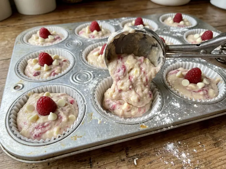 A warm raspberry white chocolate muffin split in half on a white plate, showing steam rising from the tender crumb, jammy fresh berries, and gooey melted white chocolate.