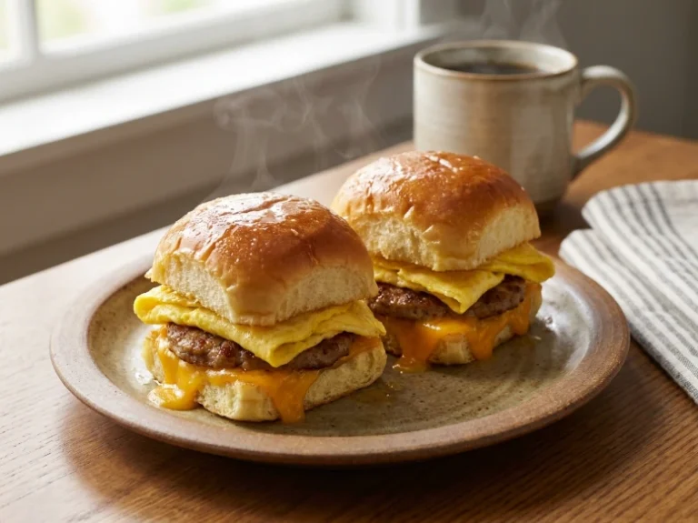 Two warm, incredibly appetizing Crack Breakfast Sliders packed with sausage, egg, and melted cheese, resting on a rustic ceramic plate next to a steaming mug of hot coffee in bright, diffused morning sunlight.