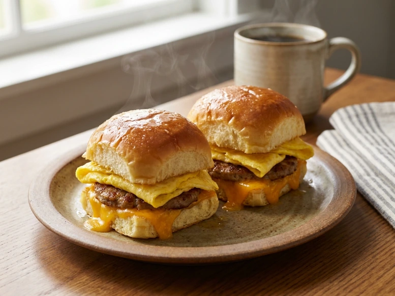 Two warm, incredibly appetizing Crack Breakfast Sliders packed with sausage, egg, and melted cheese, resting on a rustic ceramic plate next to a steaming mug of hot coffee in bright, diffused morning sunlight.