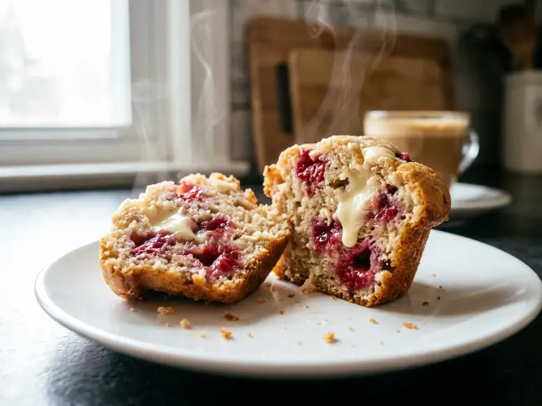 A top-down view of a freshly baked raspberry white chocolate muffin on a rustic ceramic plate next to a latte, a linen napkin, and scattered fresh berries and white chocolate chunks.
