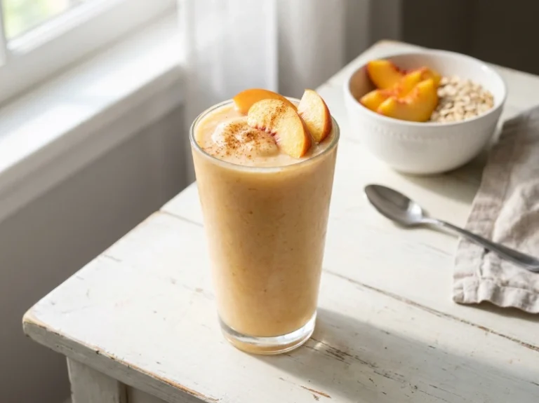 A refreshing, vibrant peach protein shake in a tall glass garnished with peach slices and cinnamon. It sits on a rustic white table illuminated by natural window light, with a bowl of sliced peaches and oats slightly blurred in the background.