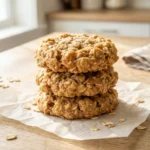 A close-up, natural and human-shot photo of a stack of three chewy no-bake peanut butter oatmeal cookies on parchment paper in a bright kitchen, with a glass of milk in the background.
