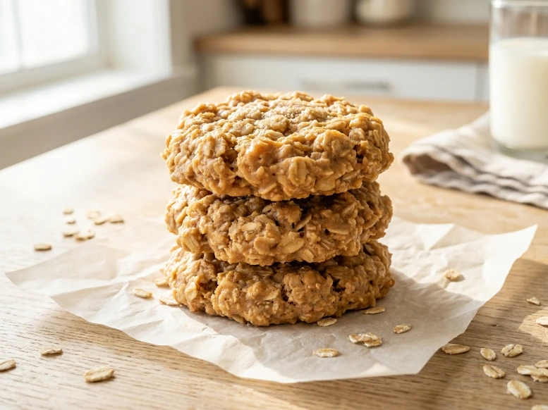 A close-up, natural and human-shot photo of a stack of three chewy no-bake peanut butter oatmeal cookies on parchment paper in a bright kitchen, with a glass of milk in the background.
