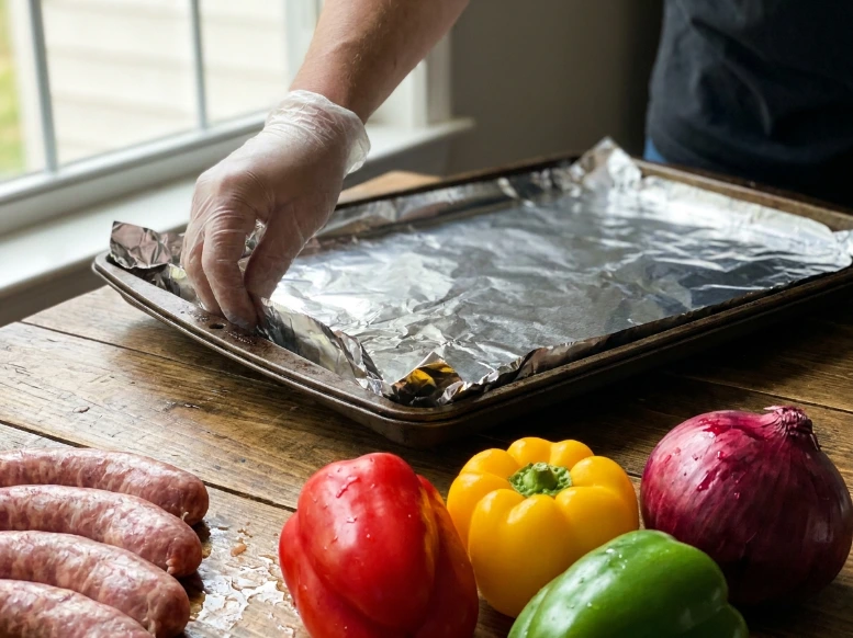 A close-up shot of a hand in a clear glove lining a dark baking sheet with aluminum foil on a wooden table, with fresh raw sausages and vibrant bell peppers waiting in the foreground.
