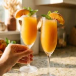 A casual hand holding a frosty champagne flute filled with a vibrant orange Peach Bellini Mocktail, elegantly garnished with a fresh peach slice and mint, next to a second glass on a sunlit kitchen counter.