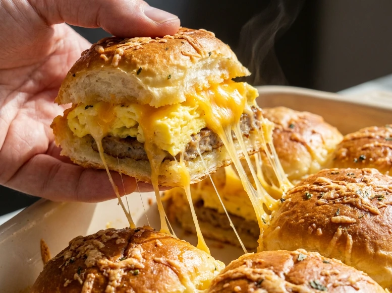 A candid, bright food photograph of a hand pulling a warm, gooey Crack Breakfast Slider away from a baking dish, showing melted cheddar cheese stretching from the savory sausage and fluffy eggs beneath a golden-brown bun.
