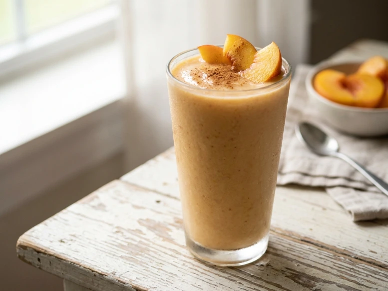 A tall glass filled with a thick, creamy peach smoothie garnished with fresh peach slices and a dusting of cinnamon. The drink sits on a weathered white table next to a sunny window, with a bowl of peaches in the soft background.