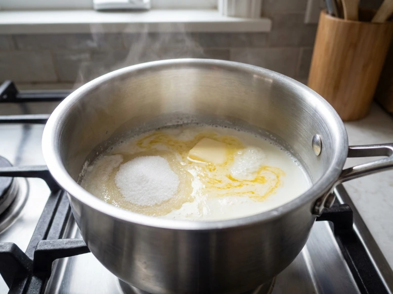 A close-up of a stainless steel saucepan on a stovetop with butter melting into milk and granulated sugar to create the sweet syrup base.